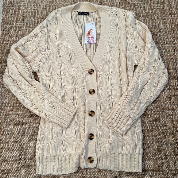 Pretty Garden Sweaters - New Pretty Garden Ivory Cable Knit Cardigan Sweater Small